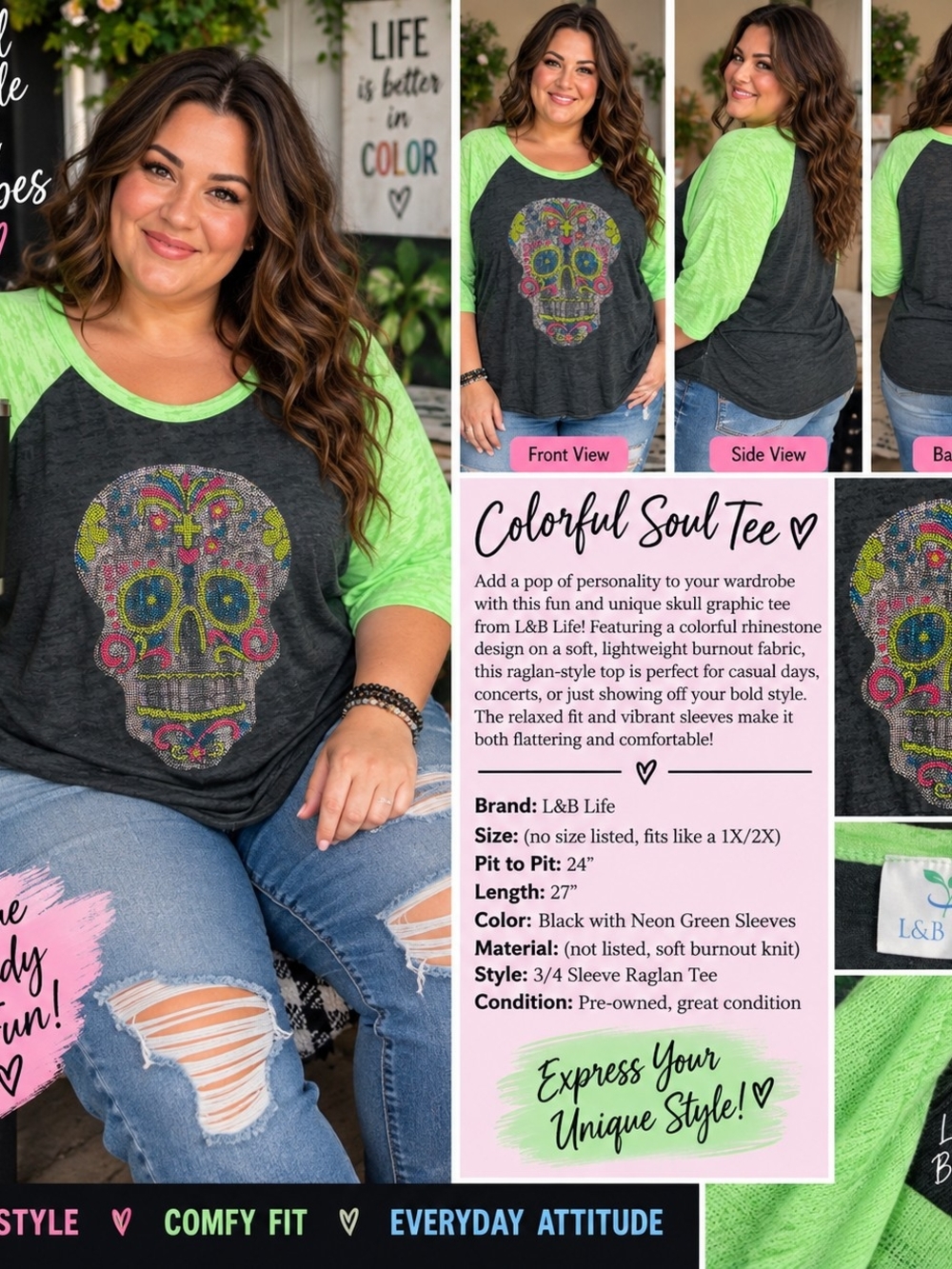 P143 💀💚 Neon Sugar Skull Sparkle Tee 💚💀